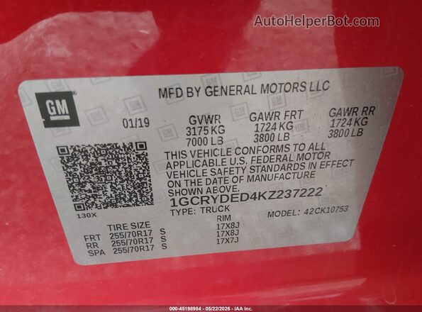 1GCRYDED4KZ237222 2019 CHEVROLET SILVERADO Red Вид підкапотного простору