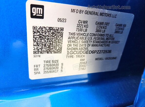 1GCUDGED6PZ272536 2023 CHEVROLET SILVERADO Blue VIN კოდის სტიკერის ხედი