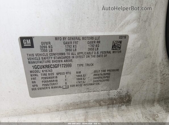 1GCUKREC3GF172999 2016 CHEVROLET SILVERADO Белый 