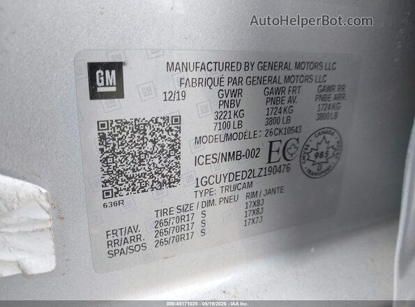 1GCUYDED2LZ190476 2020 CHEVROLET SILVERADO Silver Вид підкапотного простору