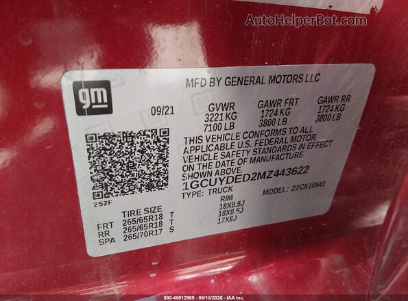 1GCUYDED2MZ443622 2021 CHEVROLET SILVERADO Red ძრავის განყოფილების ხედი