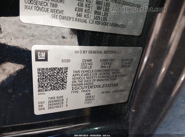 1GCUYDED5LZ332318 2020 CHEVROLET SILVERADO Черный Вид подкапотного пространства