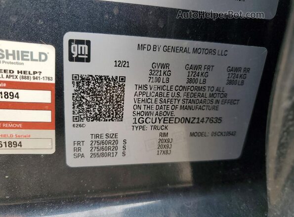 1GCUYEED0NZ147635 2022 CHEVROLET SILVERADO Charcoal Շարժիչի բաժամունքի տեսք