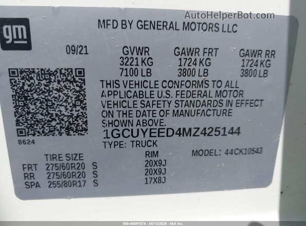 1GCUYEED4MZ425144 2021 CHEVROLET SILVERADO White ძრავის განყოფილების ხედი