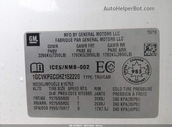 1GCVKPEC0HZ152220 2017 CHEVROLET SILVERADO White Շարժիչի բաժամունքի տեսք