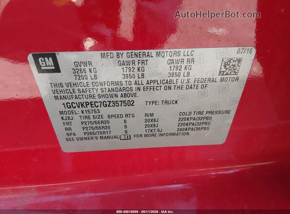 1GCVKPEC7GZ357502 2016 CHEVROLET SILVERADO Красный 