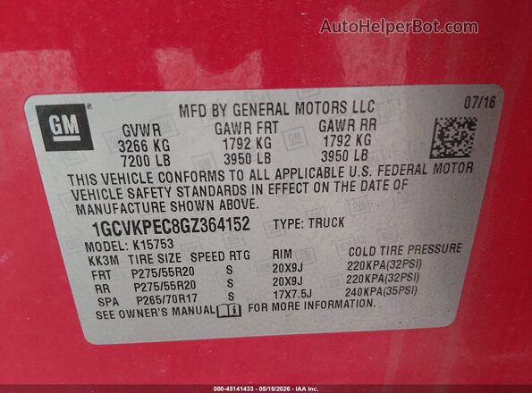1GCVKPEC8GZ364152 2016 CHEVROLET SILVERADO Red ძრავის განყოფილების ხედი
