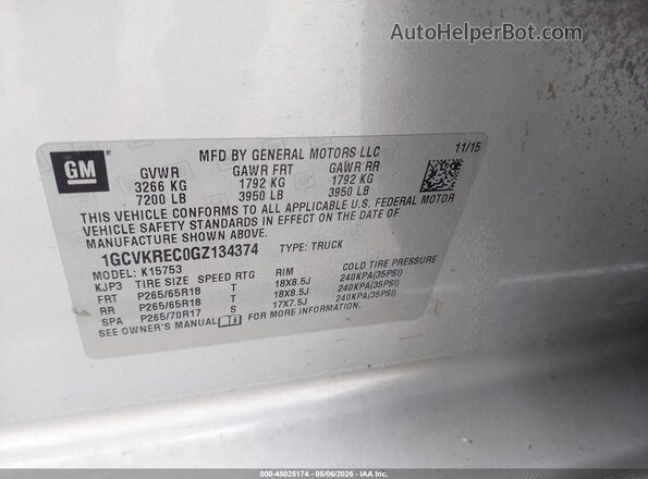 1GCVKREC0GZ134374 2016 CHEVROLET SILVERADO Серебряный 