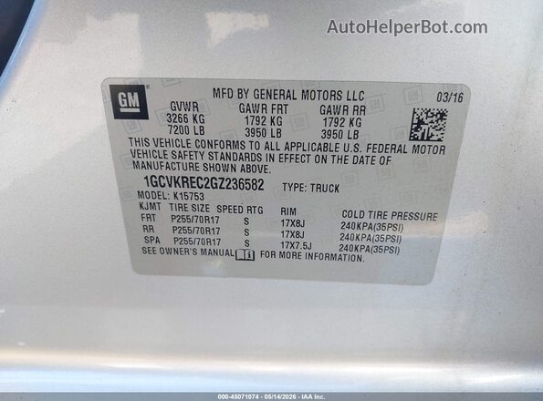 1GCVKREC2GZ236582 2016 CHEVROLET SILVERADO Silver Vista del compartimento del motor