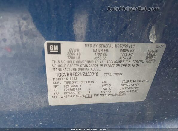1GCVKREC2HZ333816 2017 CHEVROLET SILVERADO Blue 