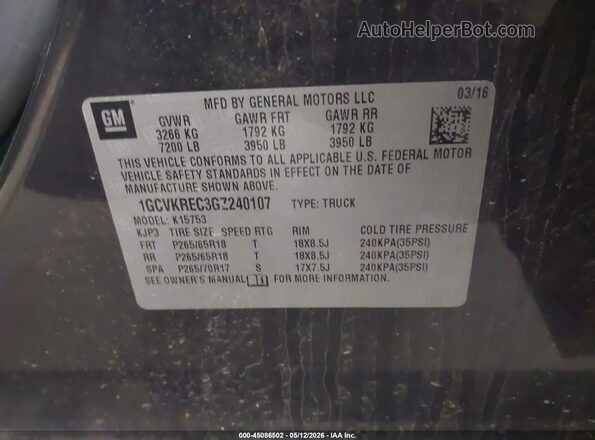 1GCVKREC3GZ240107 2016 CHEVROLET SILVERADO Gray 