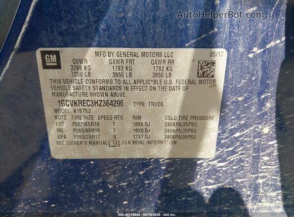 1GCVKREC3HZ364296 2017 CHEVROLET SILVERADO Blue 