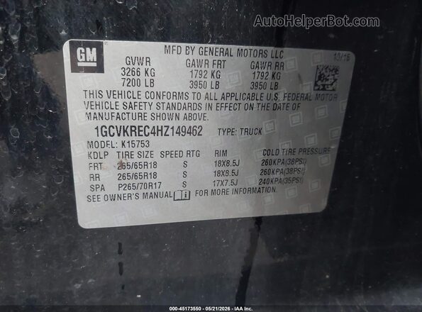 1GCVKREC4HZ149462 2017 CHEVROLET SILVERADO Черный Вид подкапотного пространства