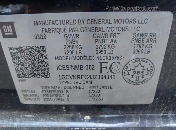 1GCVKREC4JZ304341 2018 CHEVROLET SILVERADO Black 