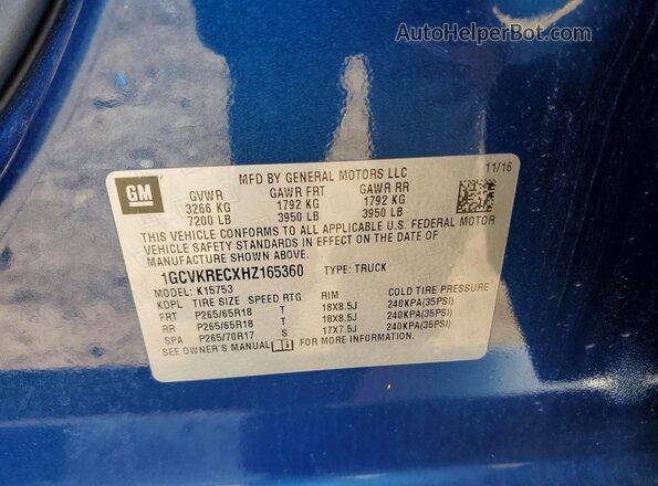 1GCVKRECXHZ165360 2017 CHEVROLET SILVERADO Blue Widok komory silnika