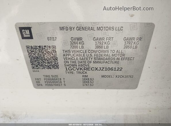 1GCVKRECXJZ106122 2018 CHEVROLET SILVERADO White 
