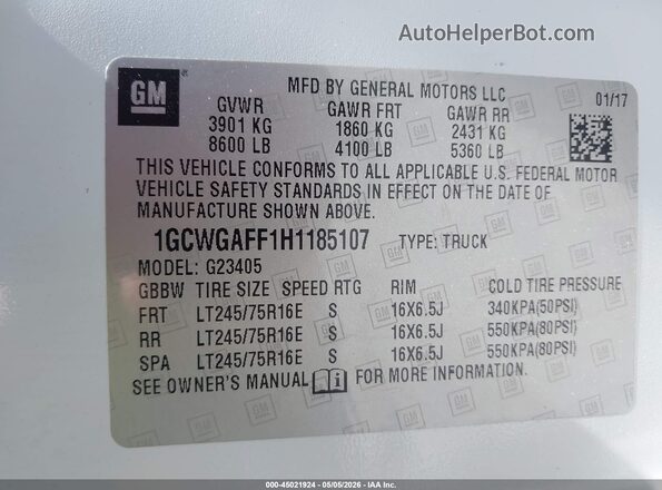 1GCWGAFF1H1185107 2017 CHEVROLET EXPRESS Белый 