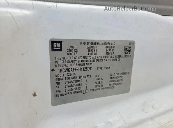 1GCWGAFF2H1128091 2017 CHEVROLET EXPRESS White 