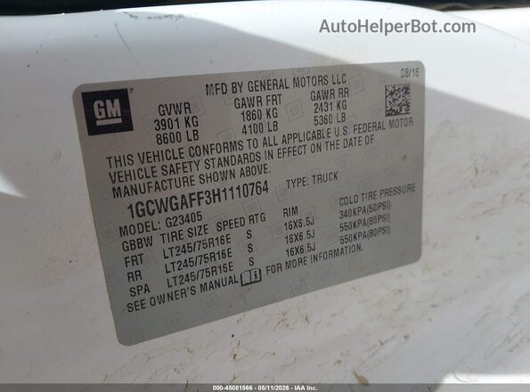 1GCWGAFF3H1110764 2017 CHEVROLET EXPRESS White Շարժիչի բաժամունքի տեսք