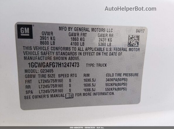 1GCWGAFG7H1247473 2017 CHEVROLET EXPRESS White Вид підкапотного простору
