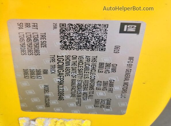 1GCWGAFP9K1338946 2019 CHEVROLET EXPRESS Yellow VIN sticker view