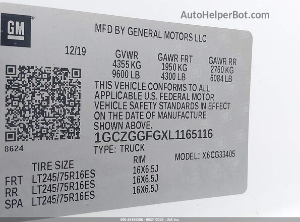 1GCZGGFGXL1165116 2020 CHEVROLET EXPRESS White Widok komory silnika