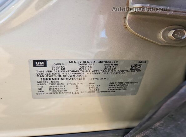 1GKKNKLA2HZ151458 2017 GMC ACADIA Cream 