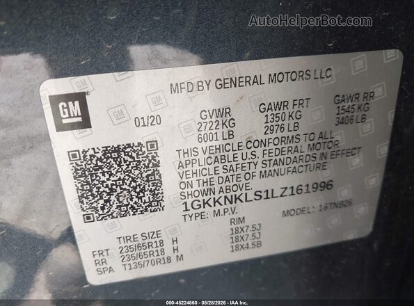 1GKKNKLS1LZ161996 2020 GMC ACADIA Gray 