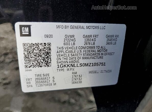 1GKKNLLS0MZ105751 2021 GMC ACADIA Black Vista de la etiqueta del VIN