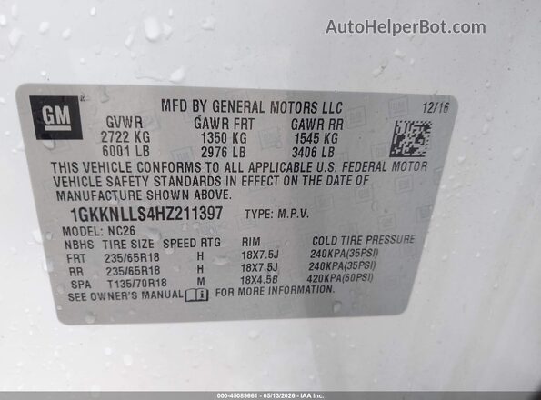 1GKKNLLS4HZ211397 2017 GMC ACADIA White ძრავის განყოფილების ხედი