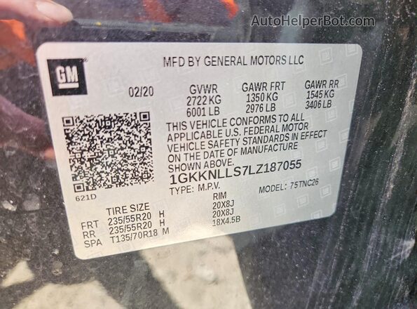 1GKKNLLS7LZ187055 2020 GMC ACADIA Charcoal VIN კოდის სტიკერის ხედი
