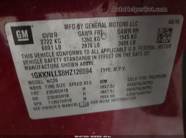1GKKNLLS8HZ126594 2017 GMC ACADIA Red Engine compartment view