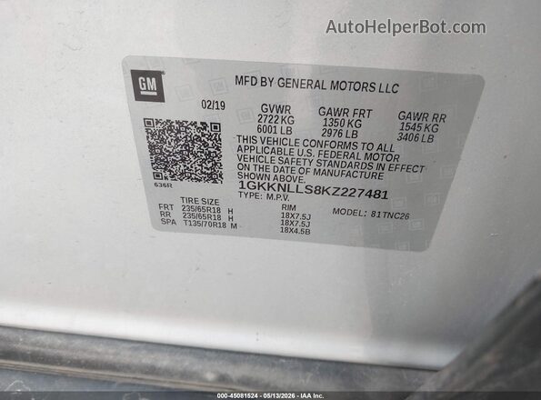 1GKKNLLS8KZ227481 2019 GMC ACADIA Silver Շարժիչի բաժամունքի տեսք