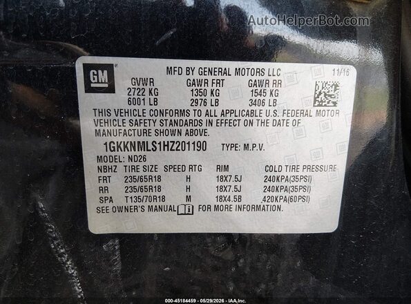 1GKKNMLS1HZ201190 2017 GMC ACADIA Black ძრავის განყოფილების ხედი