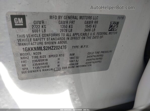 1GKKNMLS2HZ202476 2017 GMC ACADIA White 