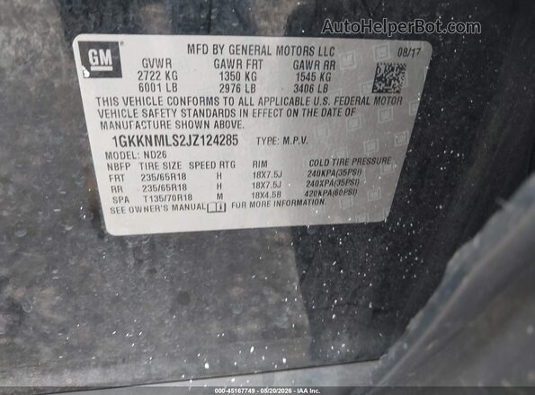 1GKKNMLS2JZ124285 2018 GMC ACADIA Black Вид підкапотного простору
