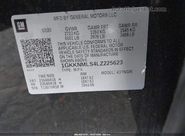1GKKNMLS4LZ225623 2020 GMC ACADIA Black Vista del compartimento del motor