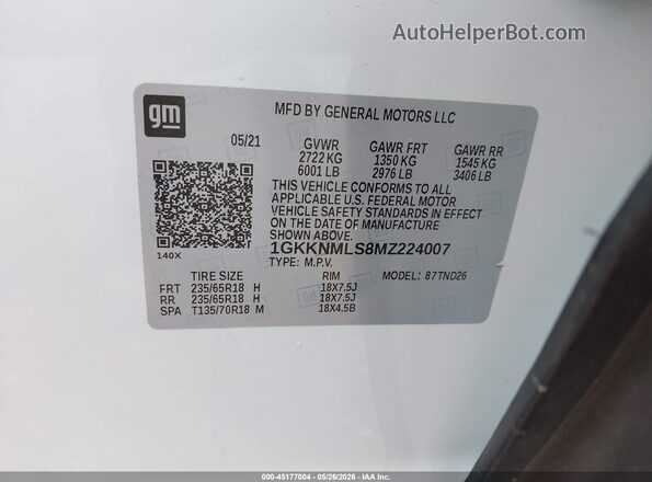 1GKKNMLS8MZ224007 2021 GMC ACADIA White Շարժիչի բաժամունքի տեսք