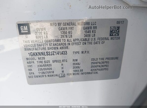 1GKKNNLS2JZ141433 2018 GMC ACADIA White ძრავის განყოფილების ხედი