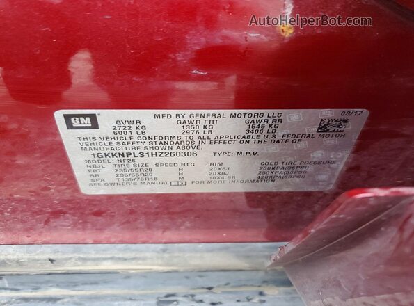 1GKKNPLS1HZ260306 2017 GMC ACADIA Red VIN კოდის სტიკერის ხედი
