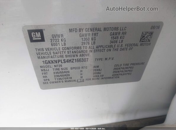 1GKKNPLS4HZ166307 2017 GMC ACADIA White 