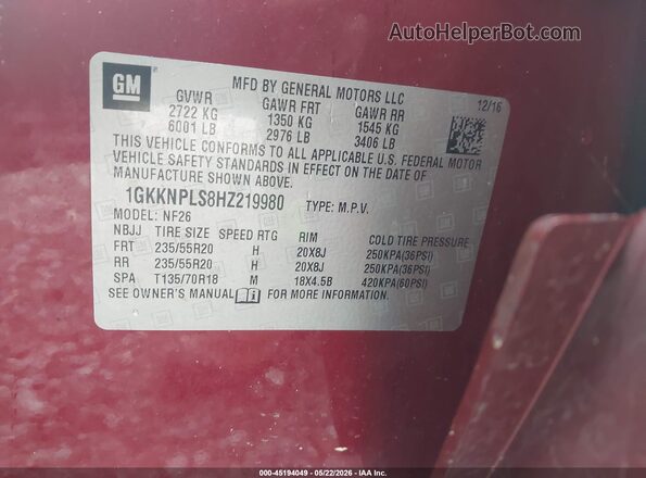 1GKKNPLS8HZ219980 2017 GMC ACADIA Maroon ძრავის განყოფილების ხედი