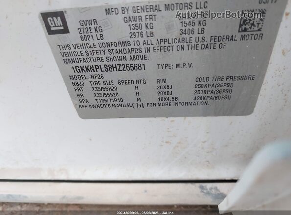 1GKKNPLS8HZ265681 2017 GMC ACADIA White Engine compartment view