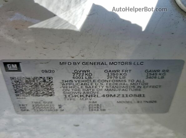 1GKKNRL49MZ110581 2021 GMC ACADIA White VIN კოდის სტიკერის ხედი