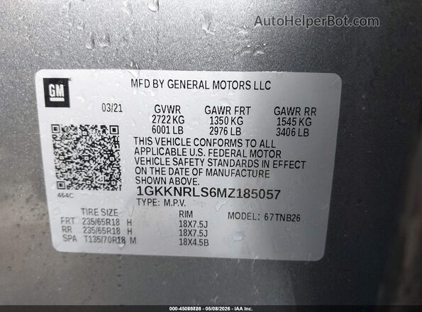 1GKKNRLS6MZ185057 2021 GMC ACADIA Серый Вид подкапотного пространства