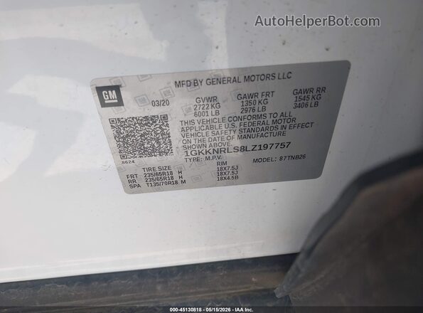 1GKKNRLS8LZ197757 2020 GMC ACADIA White Vista del compartimento del motor