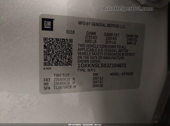 1GKKNSLS0JZ194873 2018 GMC ACADIA Silver Engine compartment view