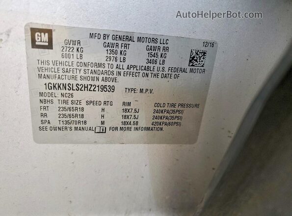 1GKKNSLS2HZ219539 2017 GMC ACADIA Silver 