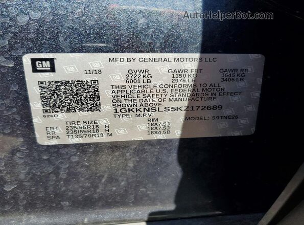 1GKKNSLS5KZ172689 2019 GMC ACADIA Синий 