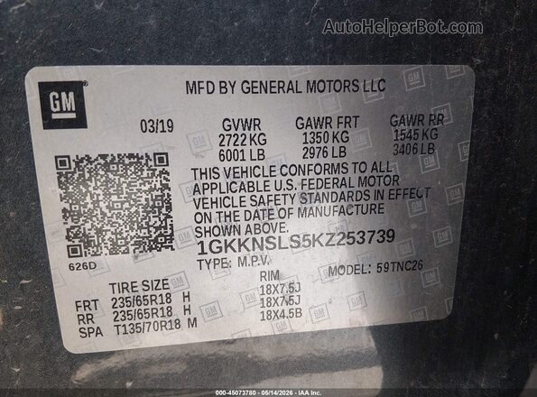 1GKKNSLS5KZ253739 2019 GMC ACADIA Blue Widok komory silnika